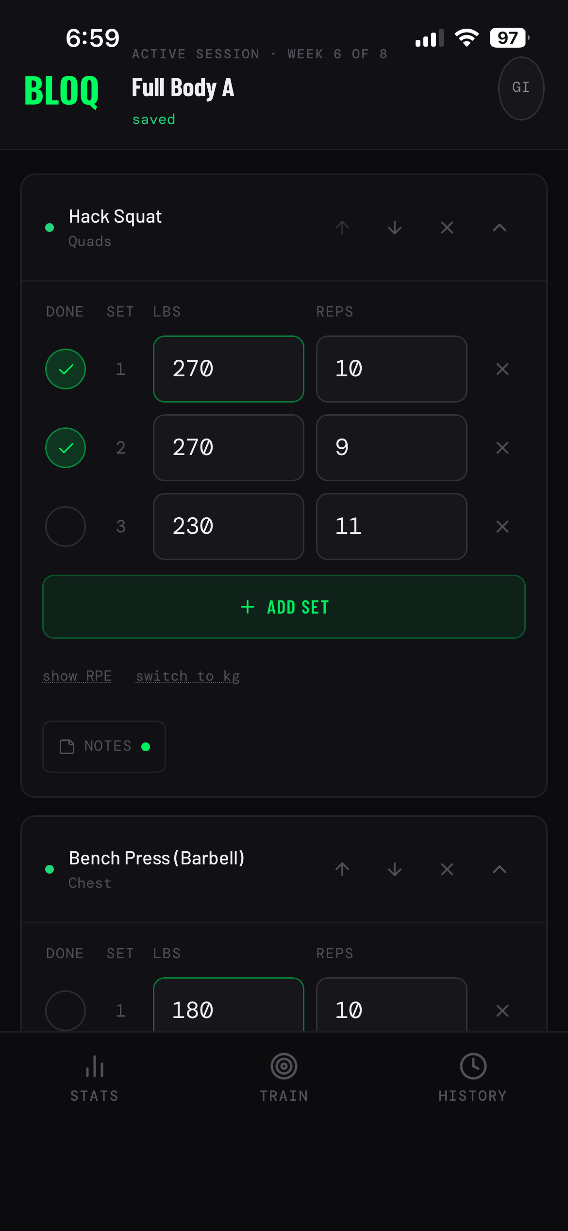 BLOQ Training active workout screen logging Hack Squat and Bench Press sets with weight and reps